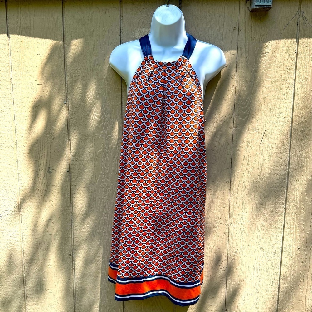 Mud Pie Women's Orange Blue White Sleeveless Tie Back Stretchy Mini Dress S